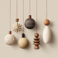 Decorative Wooden Ornaments Hanging on a Beige Background