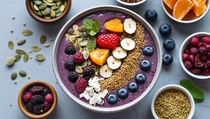 Fresh organic smoothie bowl with superfood toppings