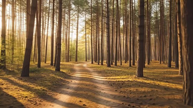 Golden sun rays lighting up autumn forest path