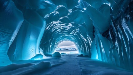 Frozen ice caves with blue glacial light in Iceland