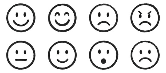 Hand drawn chalk or pencil emoji faces set with various expressions, different emotions. Simple sketch style emoticons