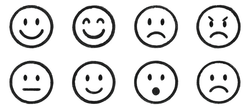 Naklejki Hand drawn chalk or pencil emoji faces set with various expressions, different emotions. Simple sketch style emoticons