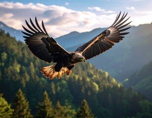 Fototapeta premium Majestic eagle soaring above mountain forest