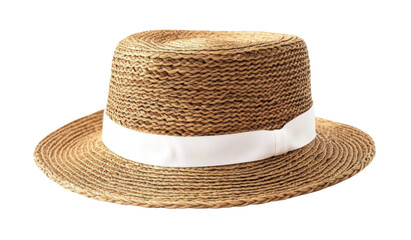 straw boater hat with white ribbon on isolated black background