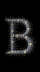 1980s Style Digital Art: Fornasetti's "B" String with Spikes, Cosmic Decor on Black