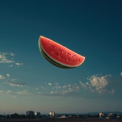 Watermelon slice on summer night sky above cityscape with clear atmosphere and horizon view