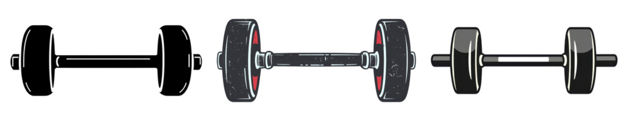 dumbbell vector illustration, three styles, isolated on black.