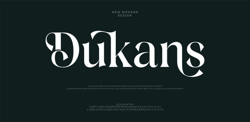 Dukans Classic serif font alphabet letters fancy gentle typographic design. Elegant anthique typography. 
