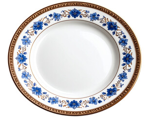 Elegant Porcelain Plate with Ornate Brown and Blue Floral Border, Isolated on Transparent Background PNG