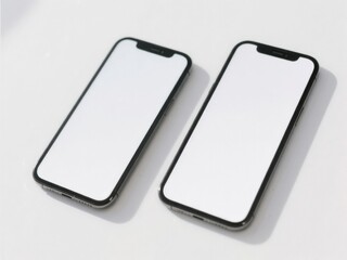 Two smartphones with blank white screens, angled slightly towards each other, minimalist aesthetic, clean lines, isolated on a white background, modern design