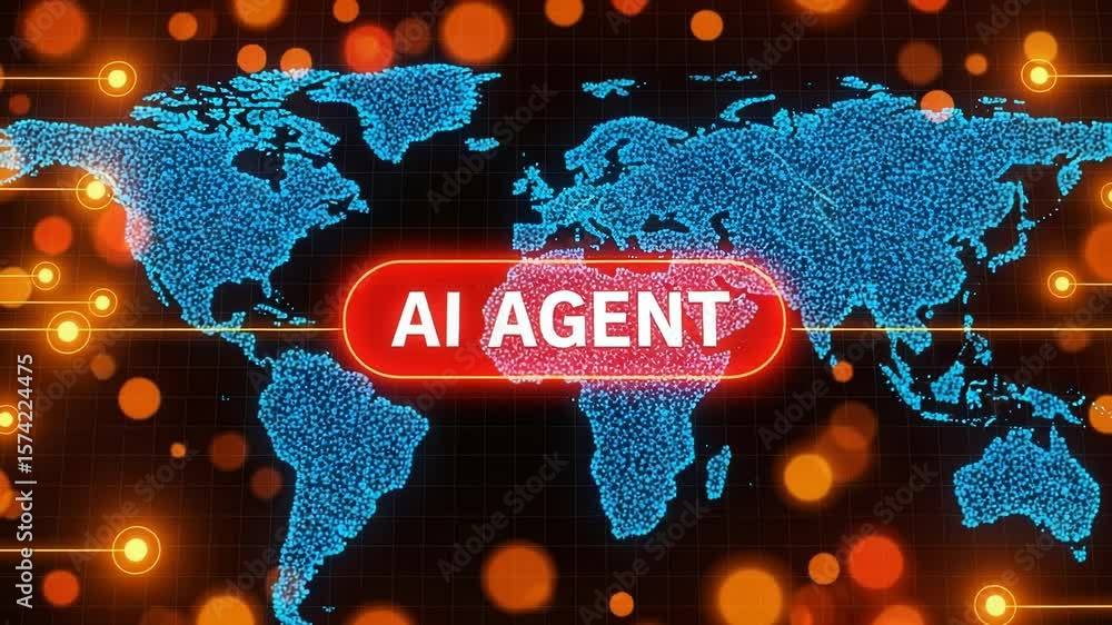 Poster a digital world map illuminated with artificial intelligence, showcasing global connectivity and the
