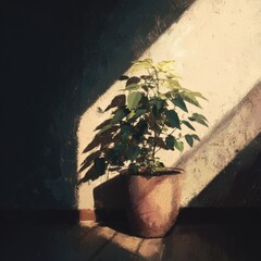 Potted Green Plant Bathed in Sunlight Creating Dramatic Shadows on the Wall in a Vintage Style
