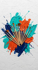 Photo of a vibrant explosion of blue, teal, and orange paint splatters forms an abstract background for a fanned collection of artist paintbrushes