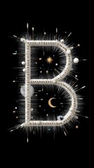 1980s Style Digital Art: Fornasetti's "B" String with Spikes, Cosmic Decor on Black