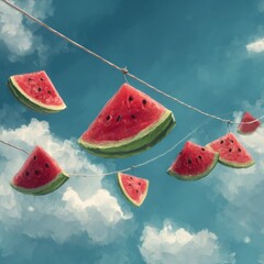 Creative summer scene juicy watermelon hanging from clothesline against scenic blue cloud background concept