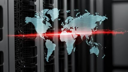 Server racks transmitting data around the globe, visualized by a pixelated world map and red lines, symbolizing global connectivity and data transfer in a data center - Powered by Adobe