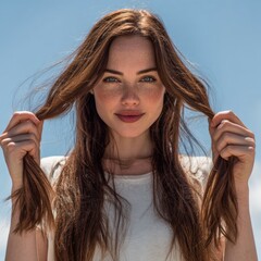 Portrait of a beautiful young woman with red hair freckles and blue eyes against a blue sky outdoor