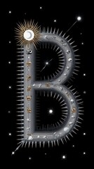 1980s Style Digital Art: Fornasetti's "B" String with Spikes, Cosmic Decor on Black