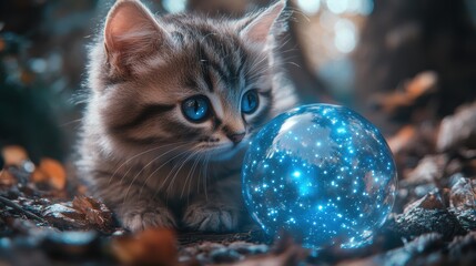 Adorable kitten with mesmerizing blue eyes gazes dreamily at glowing sphere in a mystic forest serene scene