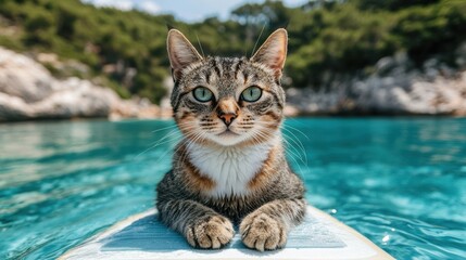 Tabby cat relaxation on paddleboard in clear aqua blue water summertime serene portrait lifestyle happy vacation day nature background