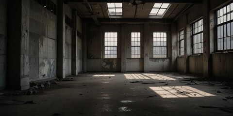 Fototapeta premium Sunlight Illuminates Dusty Floor in Abandoned Industrial Room with Tall Grimy Windows