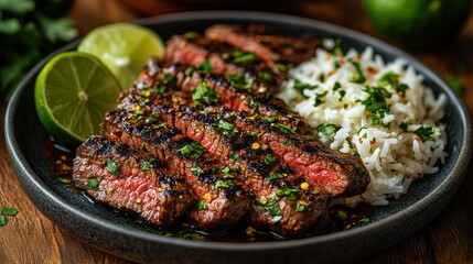 Delectable sliced steak with rice and lime on dark plate presented culinary delight rich flavor detail delicious shot food photography