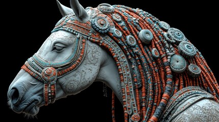 Elegant equine sculpture adorned with intricate details and artistic flair against a solid black background