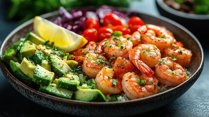 Bowl with Grilled Shrimp Avocado and Vegetables on a Dark Background High Angle View Food Photography