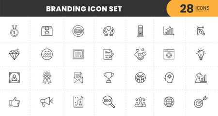  Branding icon set. Containing marketing, product, brand value, design, logo, brand development, social media, advertising, and loyal customer icons. Solid icon collection. icons design.
