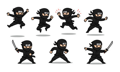 Dynamic Black Chibi Ninjas in Action Poses © bahar