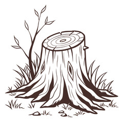 Tree stump with grass and branches wood bark