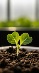 Photo of a small plant seedling with prominent leaves and roots is planted in a pot, signifying the start of cultivation and growth