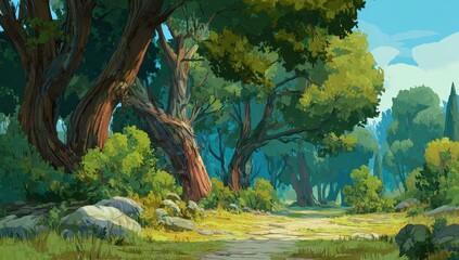 Path in forest, trees in shade, sunny day, could be used for game background art