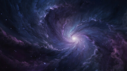 A swirling galaxy of deep purple and blue hues, filled with cosmic dust and stars.