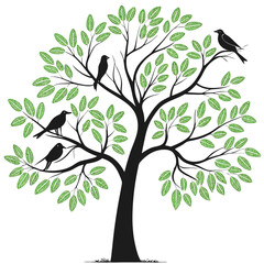 Black birds perched on green leafed tree branches green leaves black silhouette