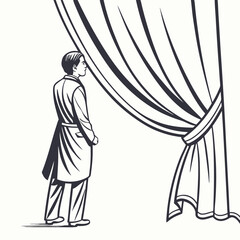 Man in robe looking at draped curtain vector