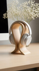 Photo of crisp white headphones are presented on a smooth wooden stand, set against a backdrop of a computer monitor and a vase of delicate white flowers, evoking a calm and organized atmosphere
