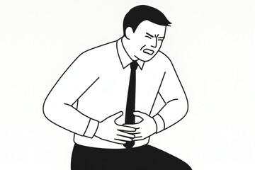 A man in a shirt and tie holds his stomach, appearing in pain.