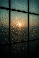 The photograph captures a dewy glass window with a greenish-blue tint, thin black lines, and warm orange and golden glow, focusing on its condensation and texture.