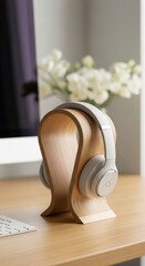 Photo of a pair of white headphones sits elegantly on a natural wood stand, positioned on a wooden desk next to a computer monitor and a vase filled with airy white flowers