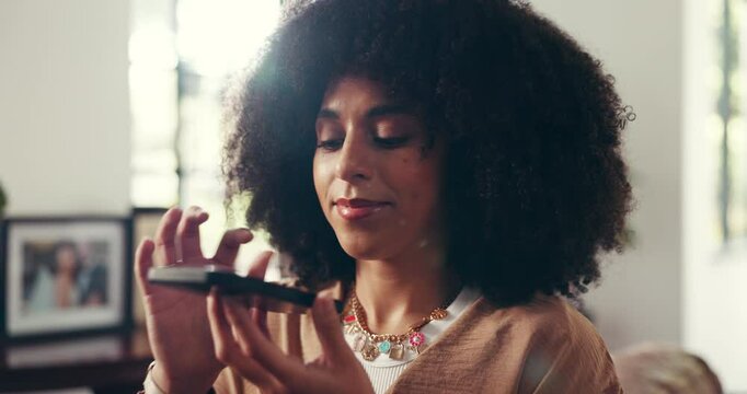 Phone call, woman and voice mail in home for communication, recording memo or audio message. African person, mobile and speaker for chat with AI assistant, conversation or contact for news in lounge