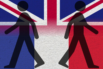 United Kingdom and France relations concept. Two figures walking apart on flags of Great Britain and France, symbolizing divergence and disagreement