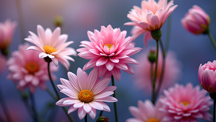 Captivating close up showcasing light pink dahlias with vibrant yellow centers against a soft bokeh background