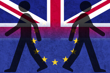 United Kingdom and European Union relations concept. Two figures walking apart on flags of Great Britain and the EU, symbolizing divergence and disagreement