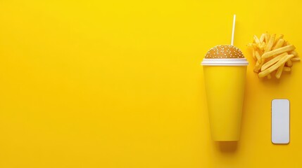 Fast food items arranged on a bright yellow surface.