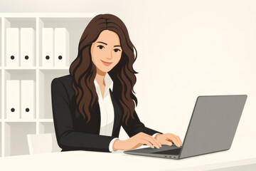 A woman with long dark hair, dressed in a black blazer over a white shirt, is working on a laptop.