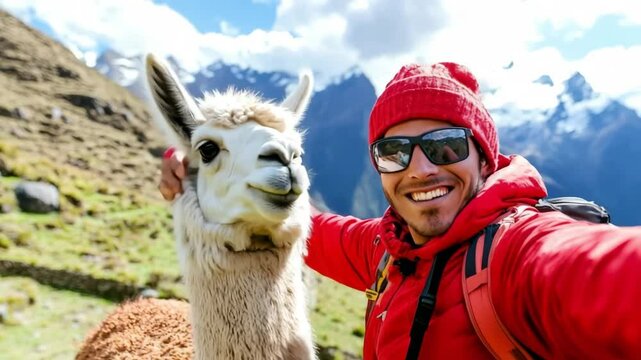 Young hiker taking a selfie with a funny llama in the mountains of the andes