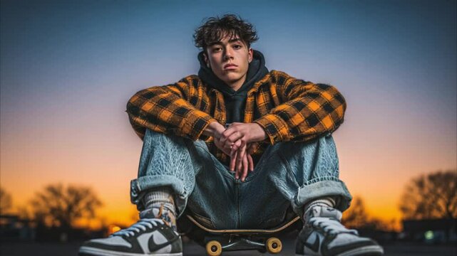 Young Skater With oversized flannel shirt baggy 4K Videos
