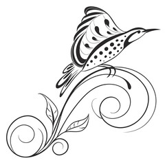 Black ink bird with swirling floral design white drawing