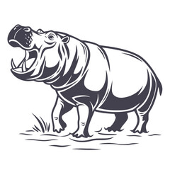 Hippopotamus roaring with open mouth and tusks animal